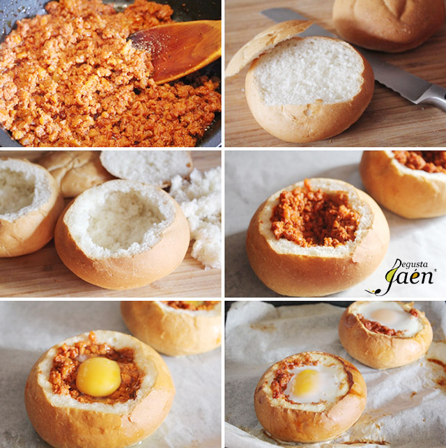 Huevos en nido de pan con picadillo de chorizo (4)
