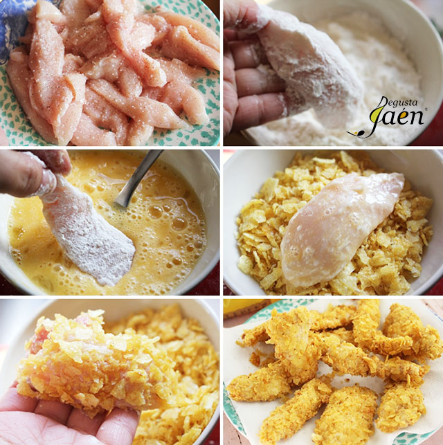 Pollo rebozado en patatas chips pasos