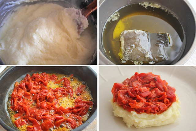 Bacalao confitado en aove con piquillos pasos