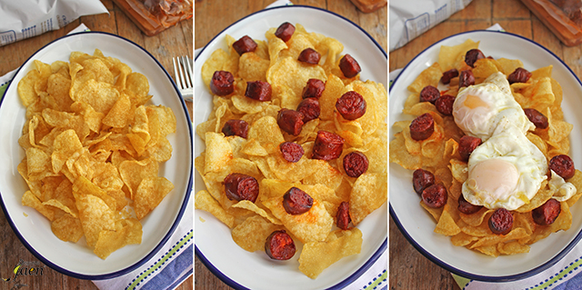 Huevos rotos con patatas fritas y chorizo jabali Degusta Jaen pasos