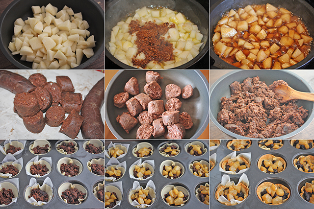 Cestitas de morcilla y pera pasos