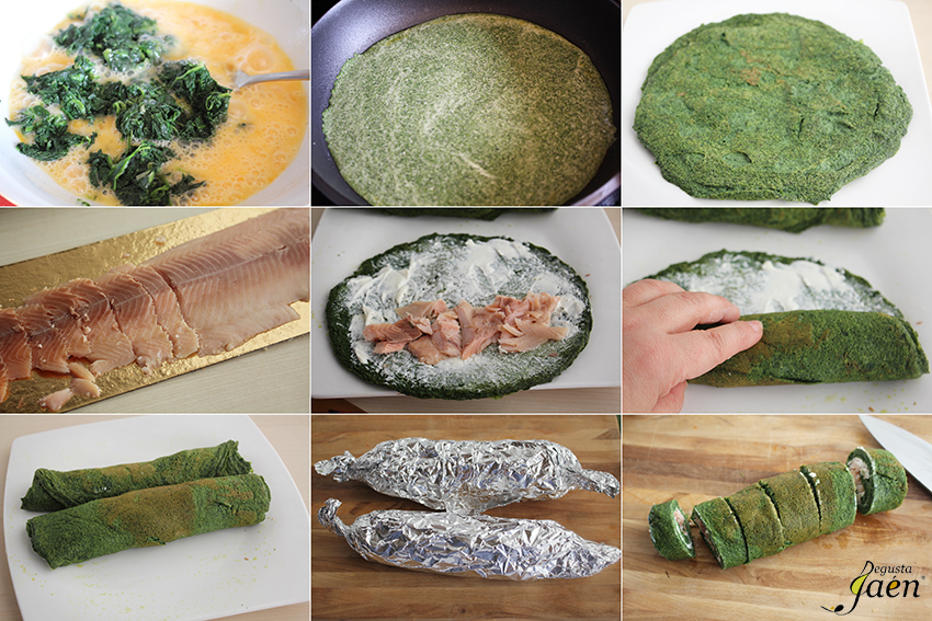 Rollitos de tortilla de espinacas y trucha ahumada Degusta Jaén pasos