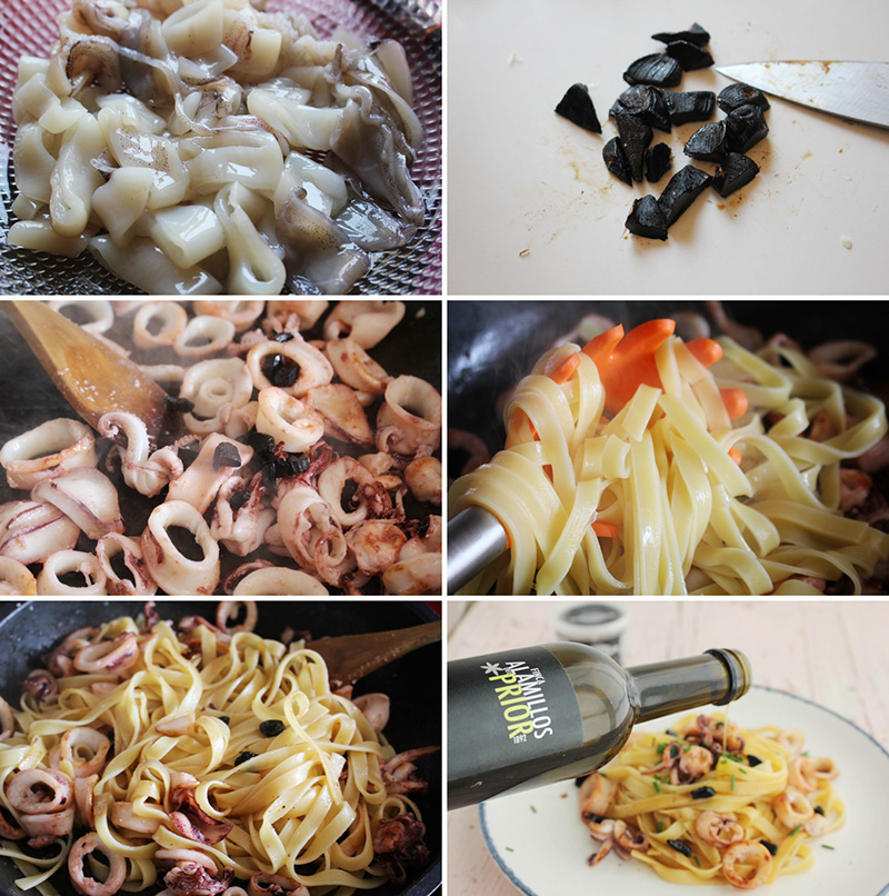 Tallarines con calamares y ajo negro pasos