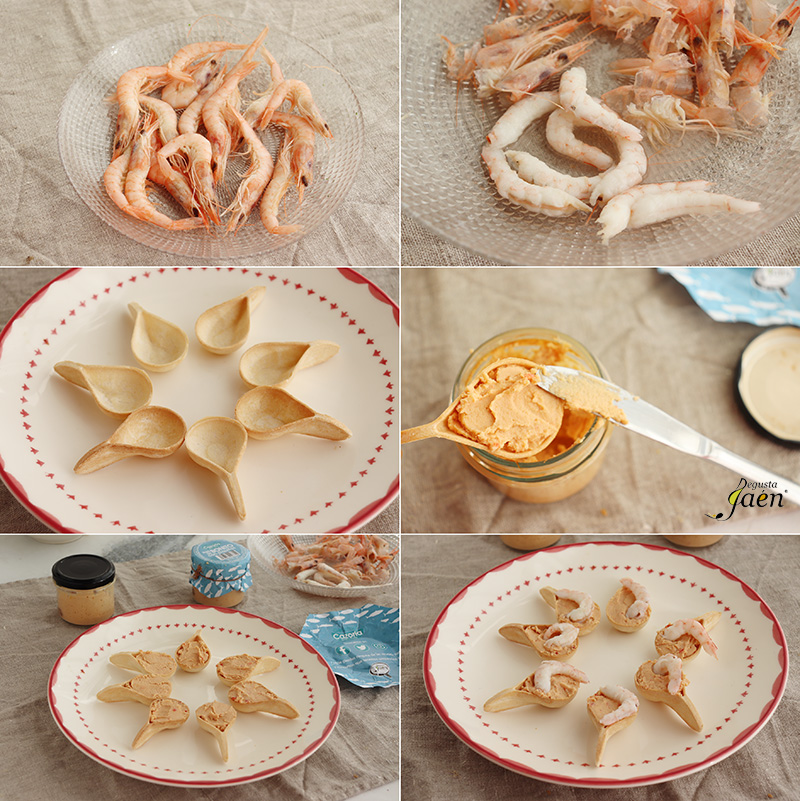 Tartaletas de paté de bonito y piquillos con gambas