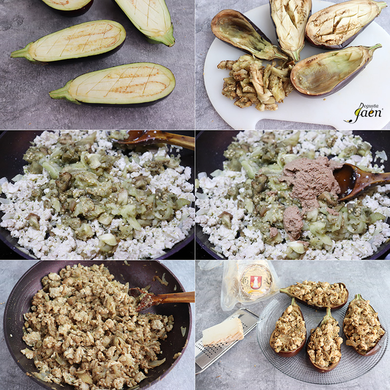 Berenjenas rellenas de pollo, paté de perdiz y queso