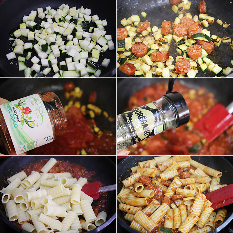 Macarrones con chorizo y calabacin