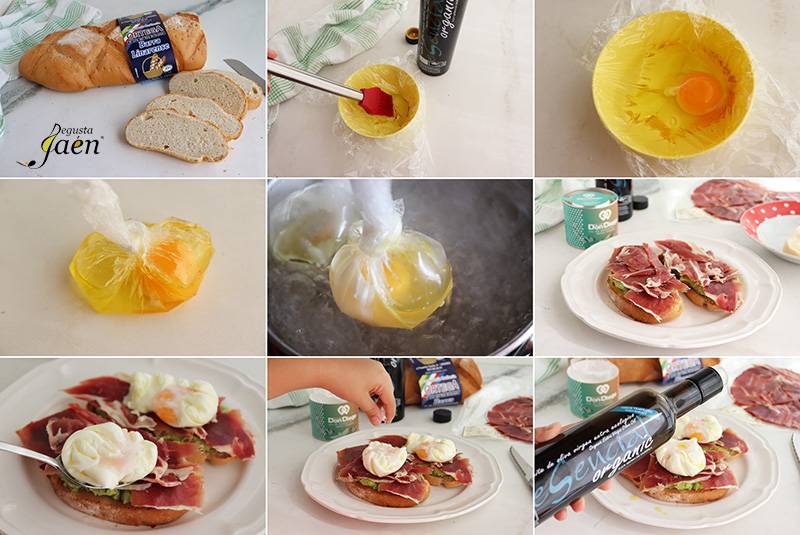 Tostadas con aguacate, jamón y huevo