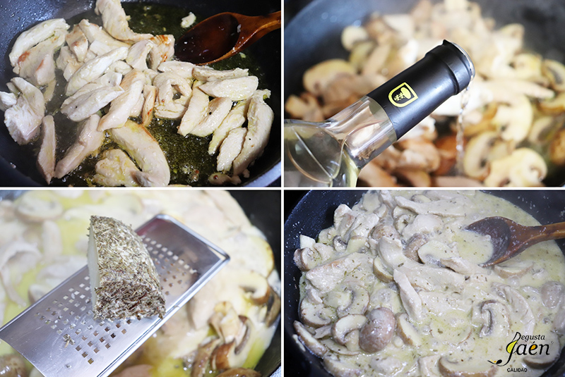 Pollo con queso, champiñones y patatas fritas