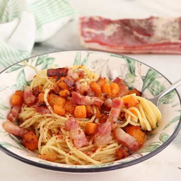 Imagen de la receta Espaguetis con panceta curada y calabaza