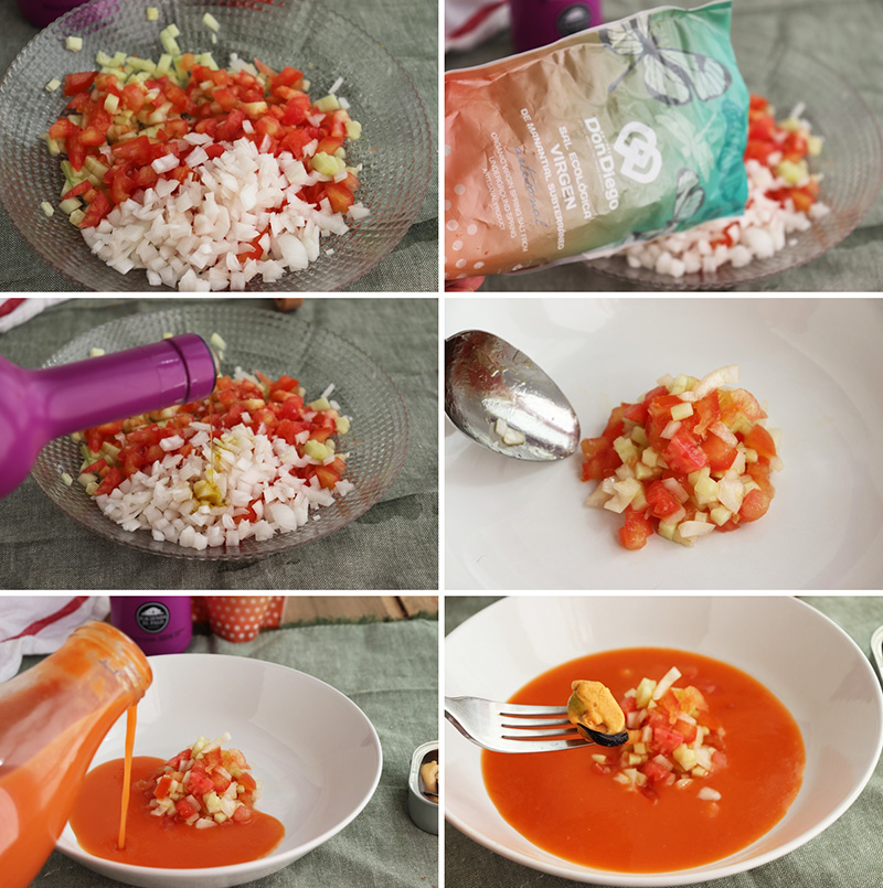 Gazpacho con su tartar y mejillones