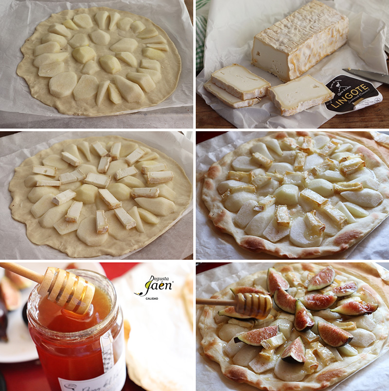 Pizza de pera, queso y brevas con miel