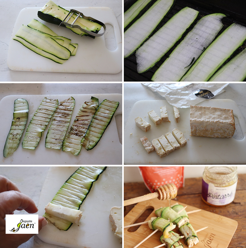 Brochetas de calabacín y queso con miel