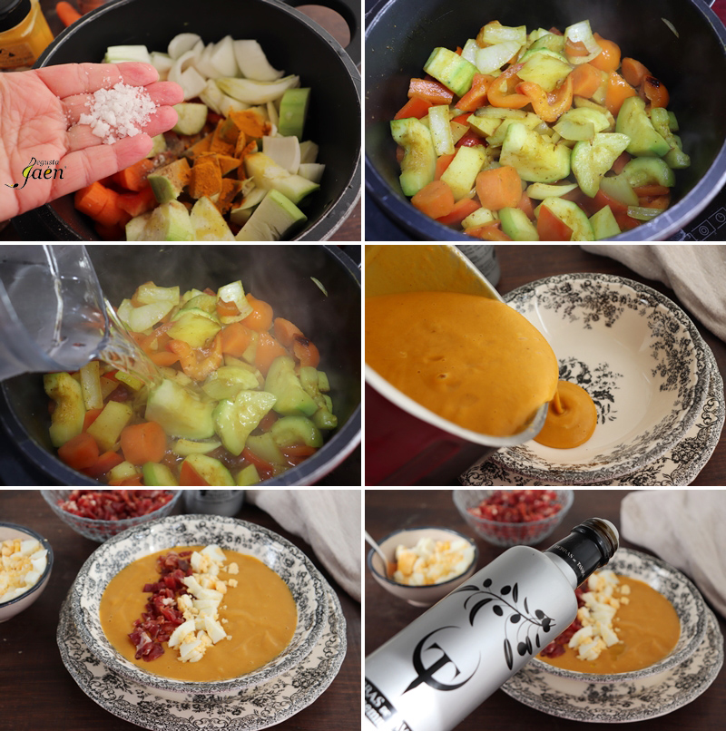 Crema de verduras con huevo y jamón