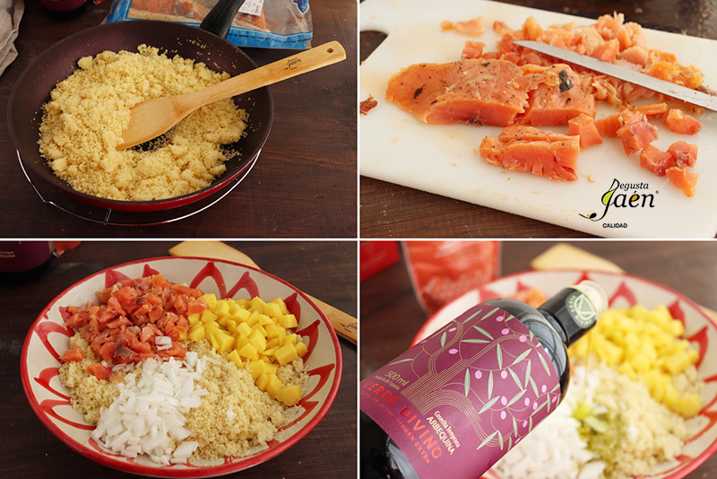 Ensalada de cous cous con mango y trucha ahumada