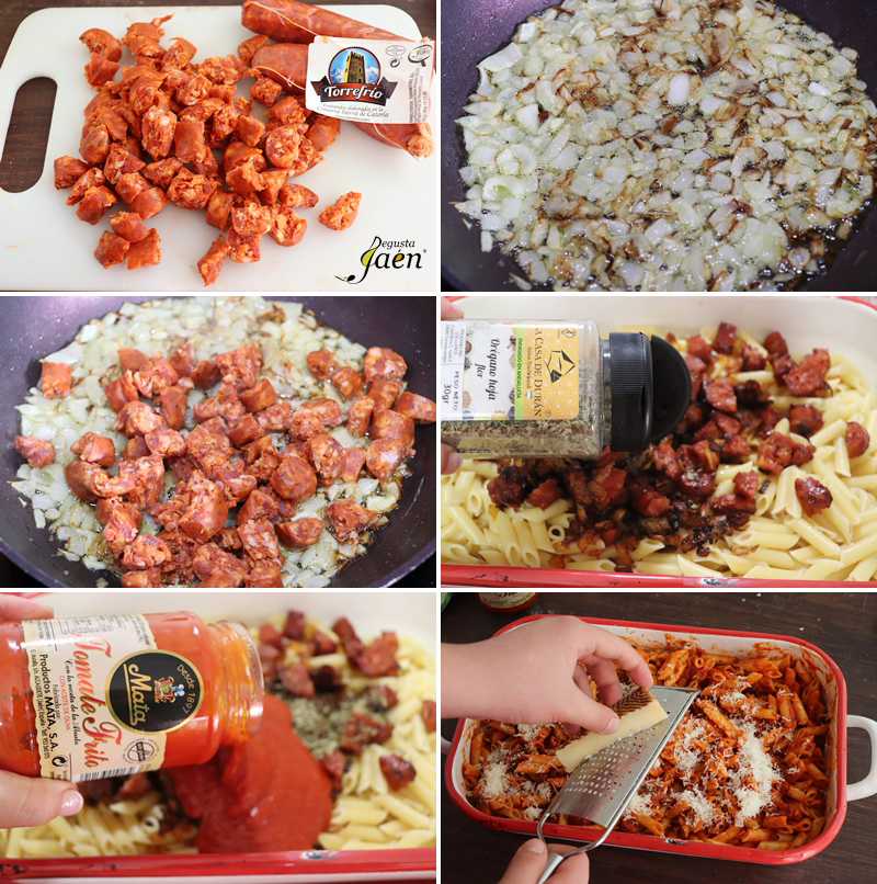 Macarrones con chorizo y queso gratinados