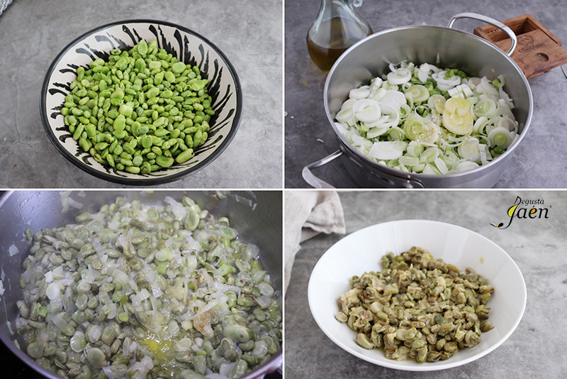 Habas fritas con jamón y huevo