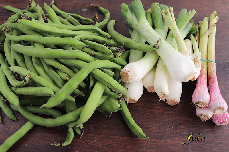 Habas fritas con jamón y huevo