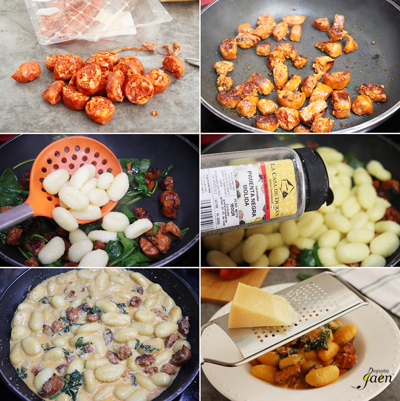 Ñoquis con espinacas, chorizo y queso