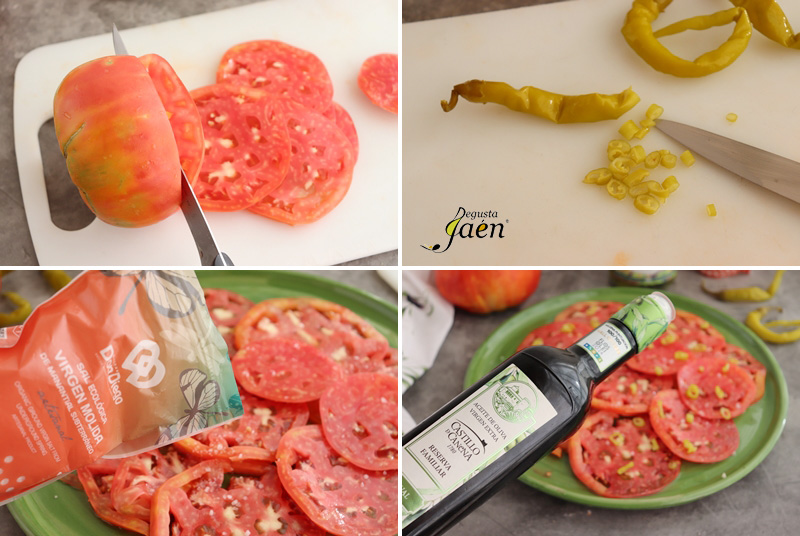Carpaccio de tomate con guindillas y aceite de oliva virgen extra
