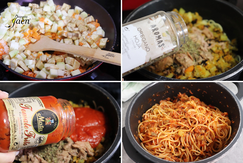 Espaguetis con verduras, atún y tomate frito