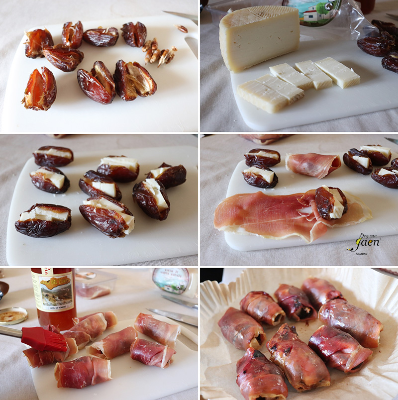 Dátiles con queso, jamón y miel