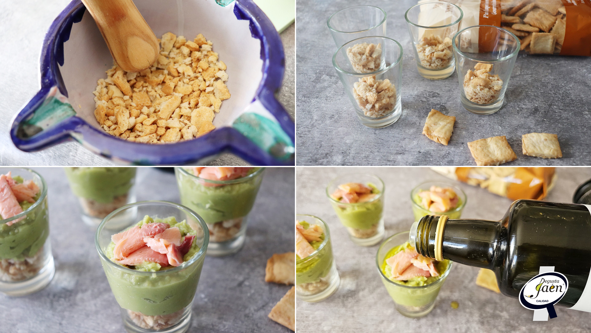 Vasitos de regañas con aguacate y trucha 