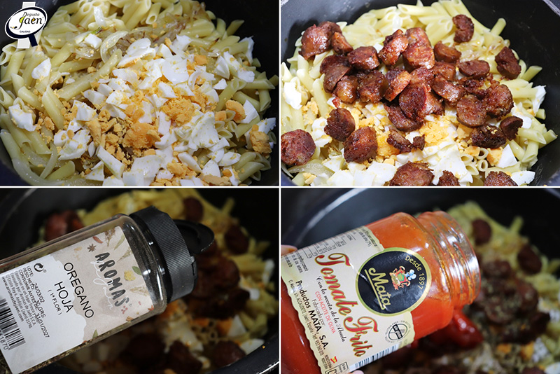 Macarrones con tomate, huevo y chorizo