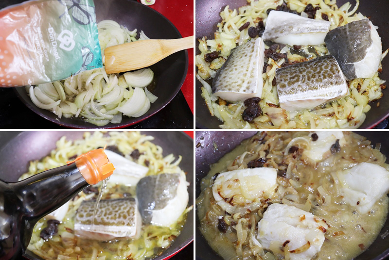 Bacalao con pasas y vino de naranja