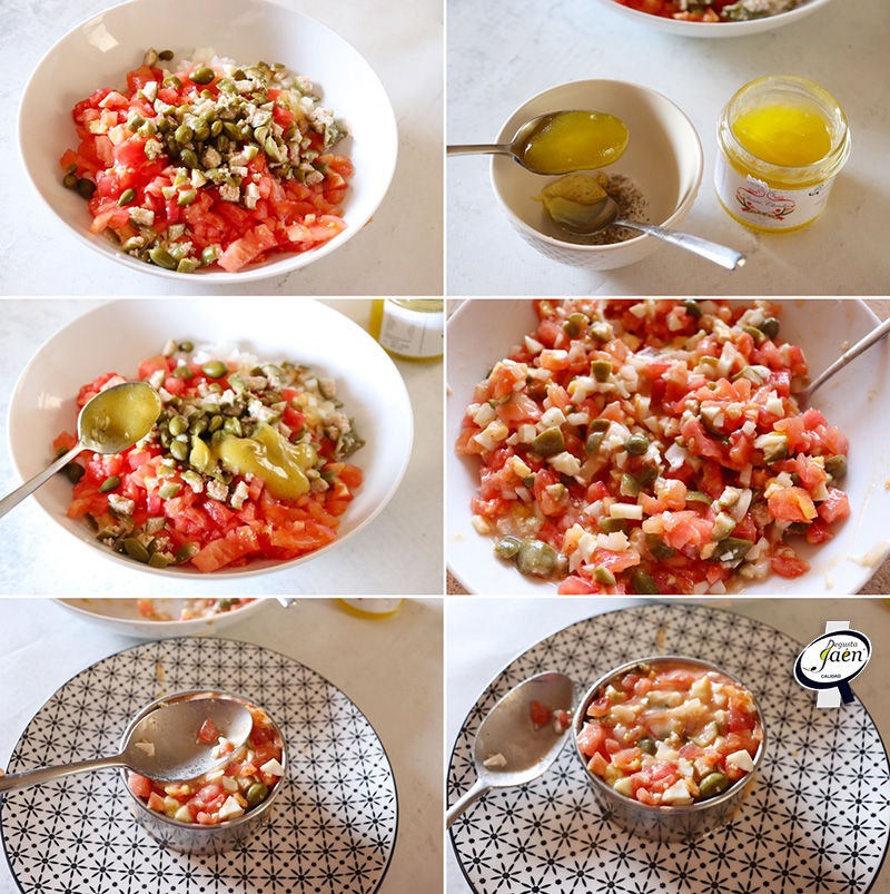 Tartar de tomate y alcaparrones con mermelada de aove