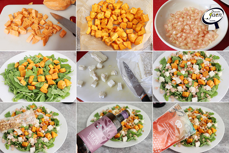 Ensalada de Otoño con queso, boniato y pipas garrapiñadas