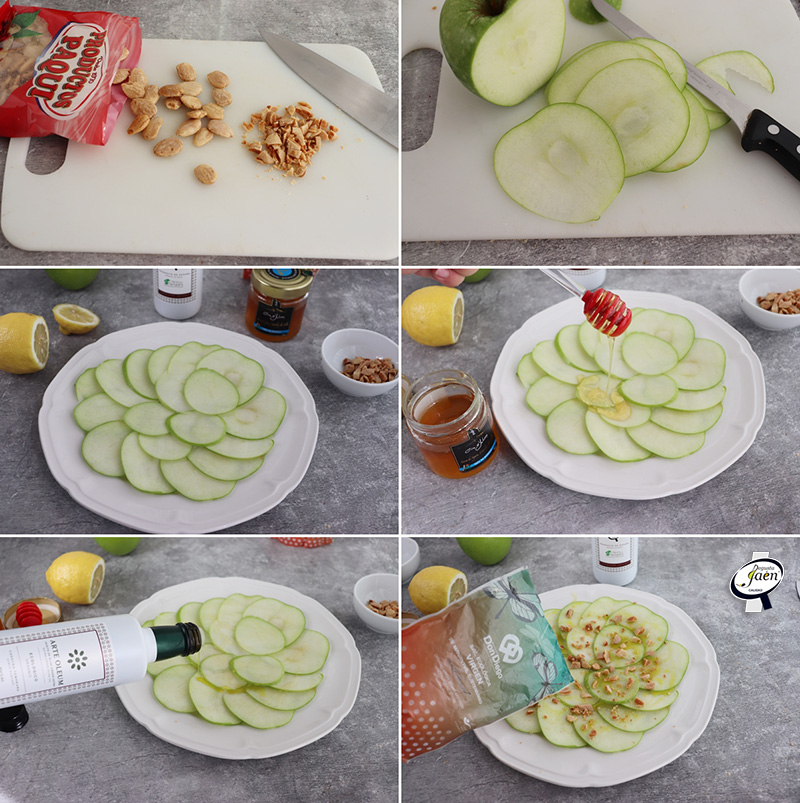 carpaccio de manzana y aove con almendras 