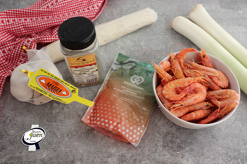 Trenza de puerro y gambas