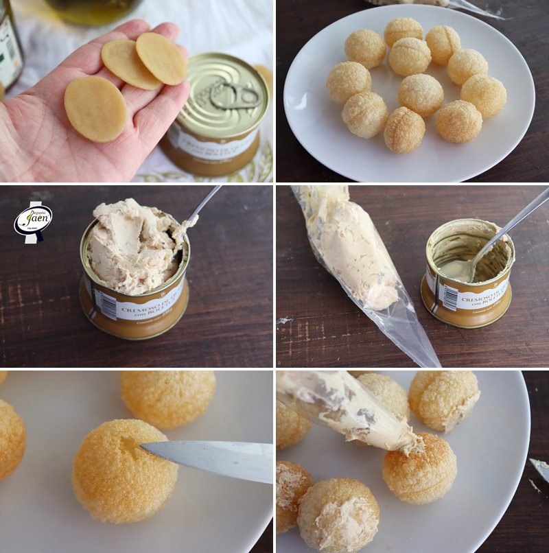 Panipuris rellenos de cremoso de queso con boletus y miel de roble