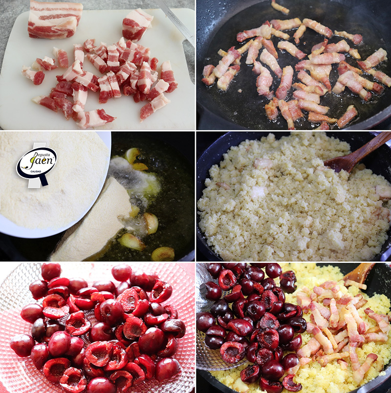 Migas de sémola con panceta y cerezas