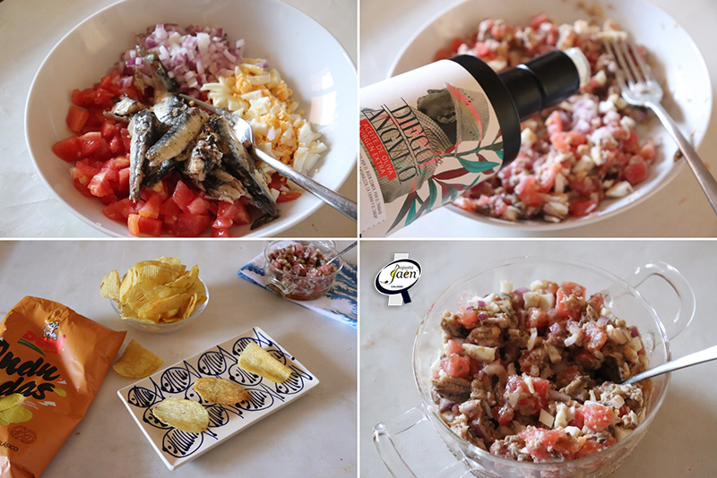 Picadillo de tomate y sardinillas sobre patatas onduladas