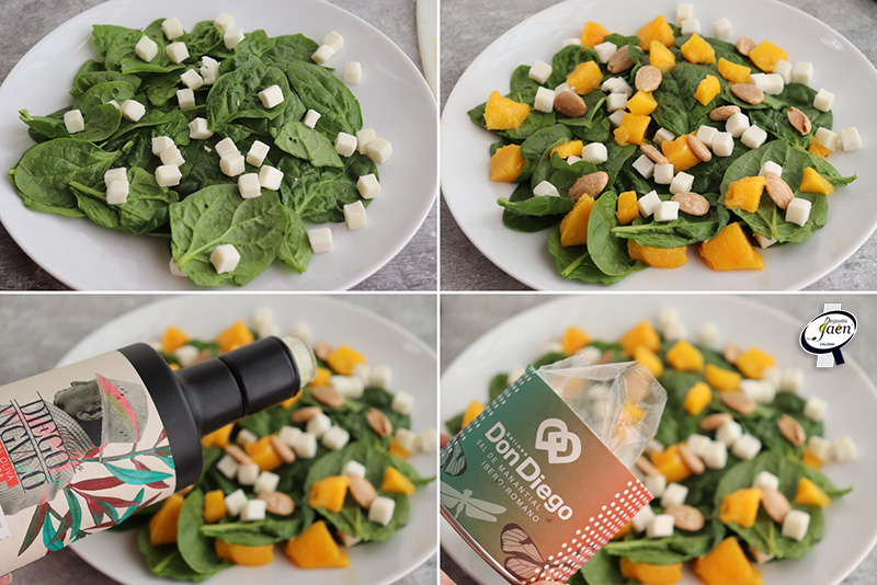 Ensalada de espinacas con mango, queso y almendras